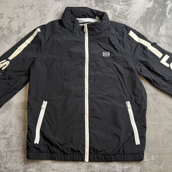 Levi's Strauss & Co Jacket Mens Small Black White Windbreaker Spellout LM9MN221 - Picture 1 of 12